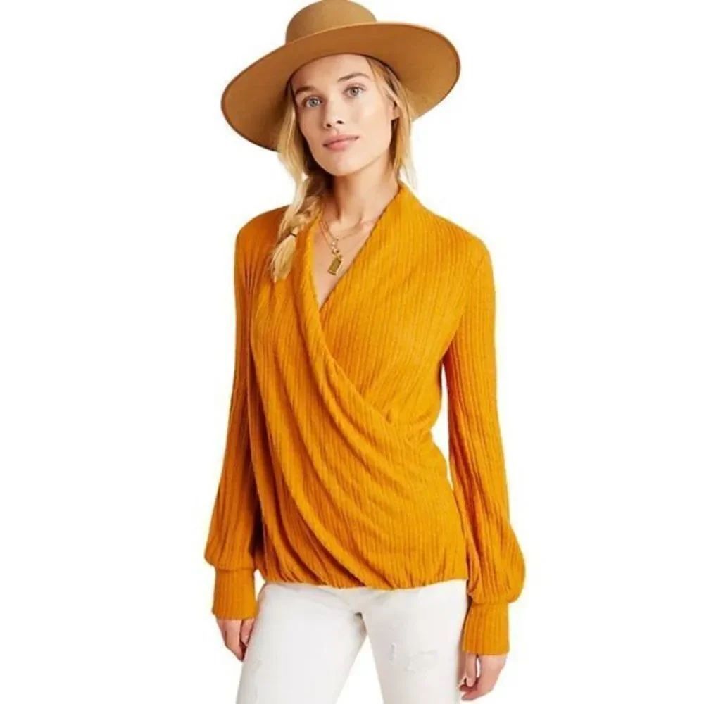 NWOT Anthropologie Maeve Rafaela Hacci Surplice Cable Knit Pumpkin Orange Top